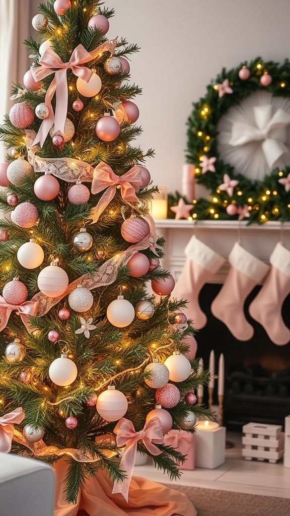 A vintage pink Christmas tree with ornaments and fairy lights in a cozy living room.